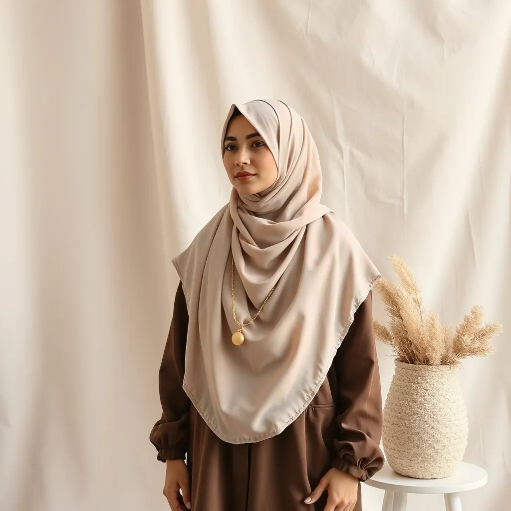 Woman wearing a full coverage hijab with smooth drape covering hair and neck in soft daylight