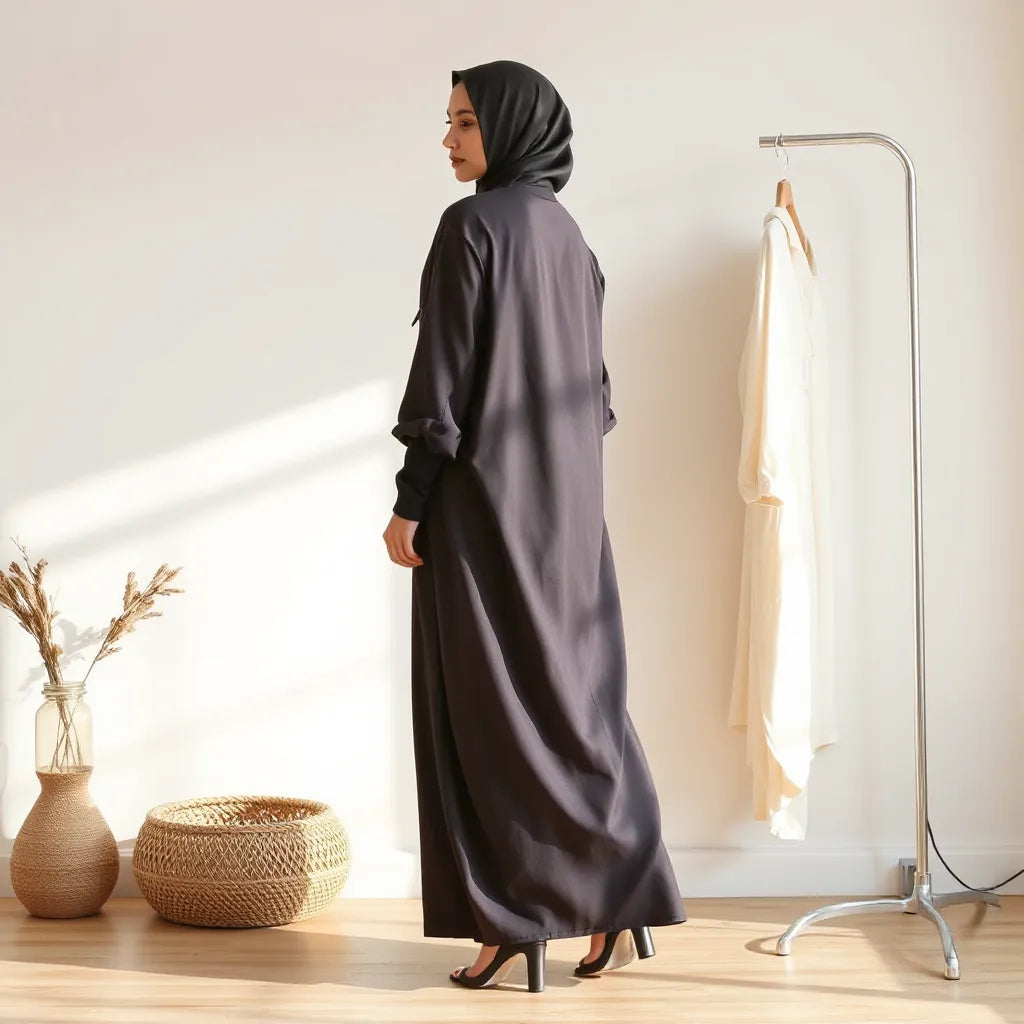 Woman wearing an elegant abaya with a second abaya hanging nearby in soft indoor light