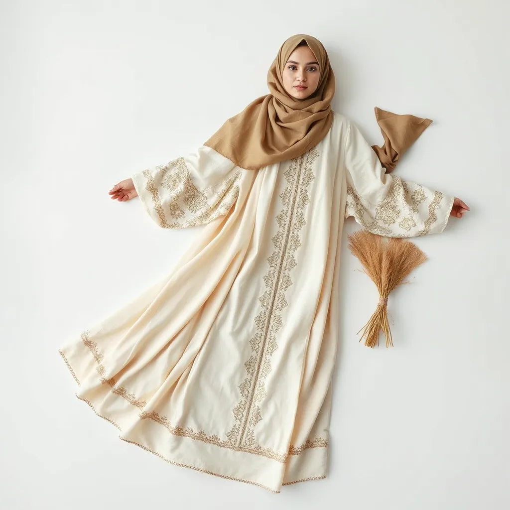 Elegant modest Palestinian-inspired outfit with subtle embroidery and coordinated headscarf in soft neutral tones