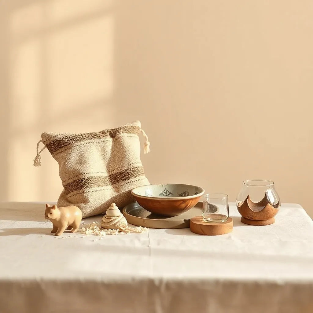 Assorted Palestinian handmade souvenirs including woven textile, ceramics, olive wood, and decorative glass.