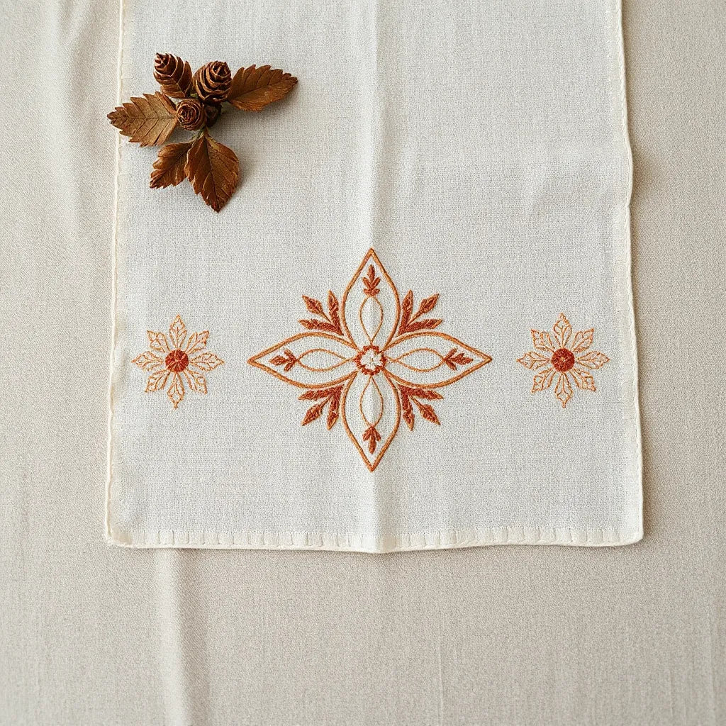 Close view of detailed embroidered fabric showing fine stitching and thread motifs on a neutral surface