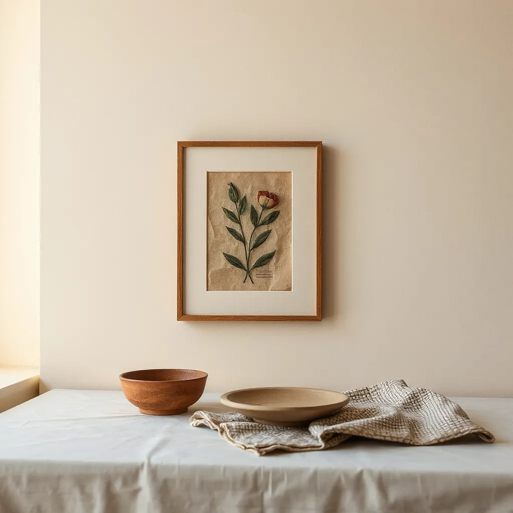 Framed vintage Palestinian art print with warm natural light and textured paper matting