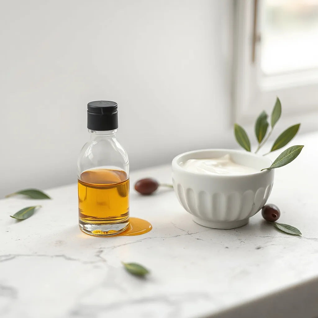 Glass bottle of refined olive oil with creamy facial emulsion and olive leaves on a light countertop