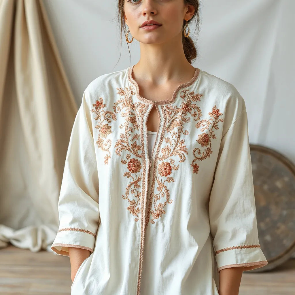 Model wearing a heritage embroidered garment with detailed neckline and cuffs in soft natural light