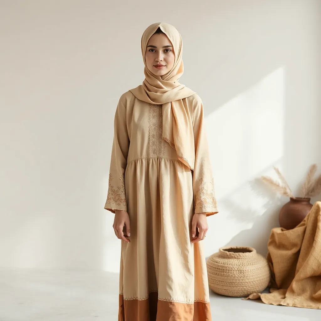 Woman wearing modest cultural dress with a matching headscarf in soft, neutral indoor light