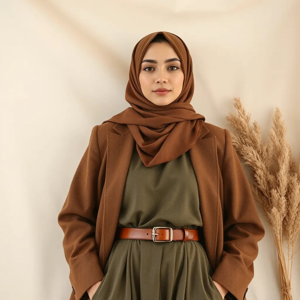 Modestly dressed model in a styled hijab and long-sleeve outfit with tailored outer layer against a minimal background