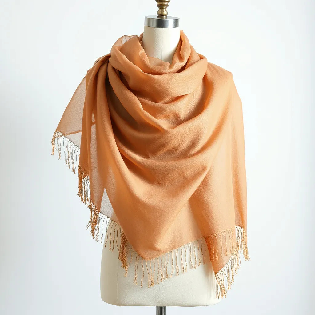 Sheer chiffon shawl with delicate fringe draped neatly over a shoulder with soft, flowing folds.