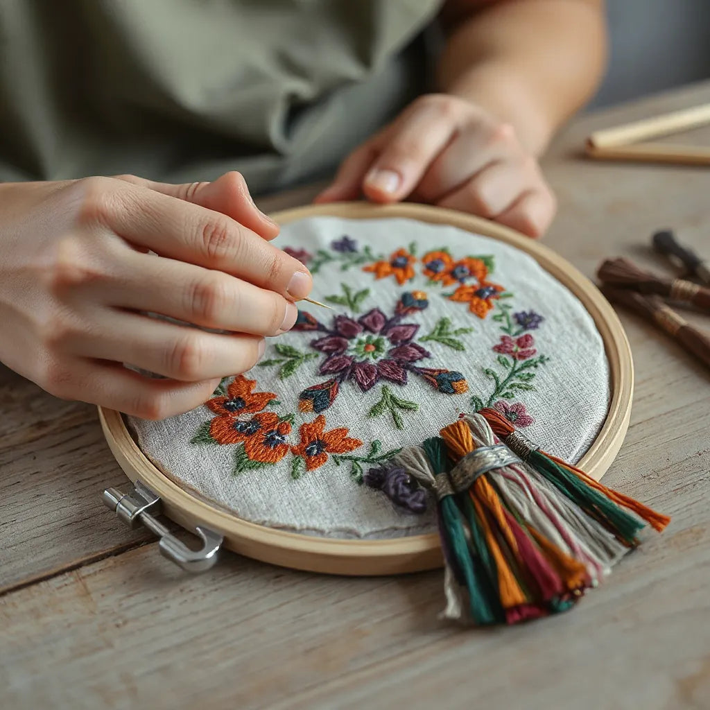 Hands stitching colorful geometric embroidery motifs on traditional fabric in soft daylight