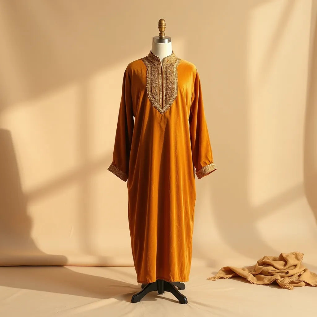 Golden velvet thobe with hand-beaded detailing displayed on a neutral mannequin in soft studio light