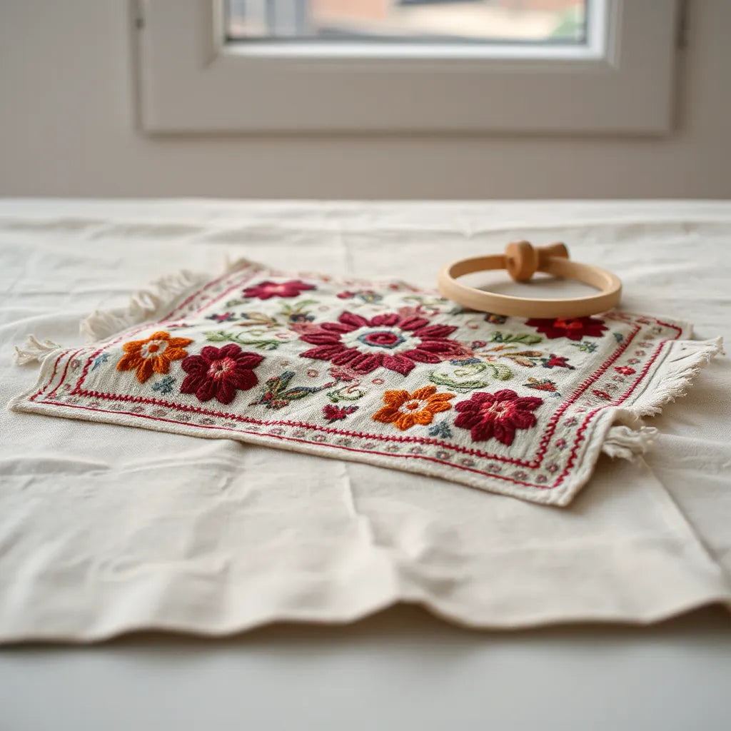 Intricate tatreez embroidery with floral and geometric stitches in colorful threads on neutral fabric