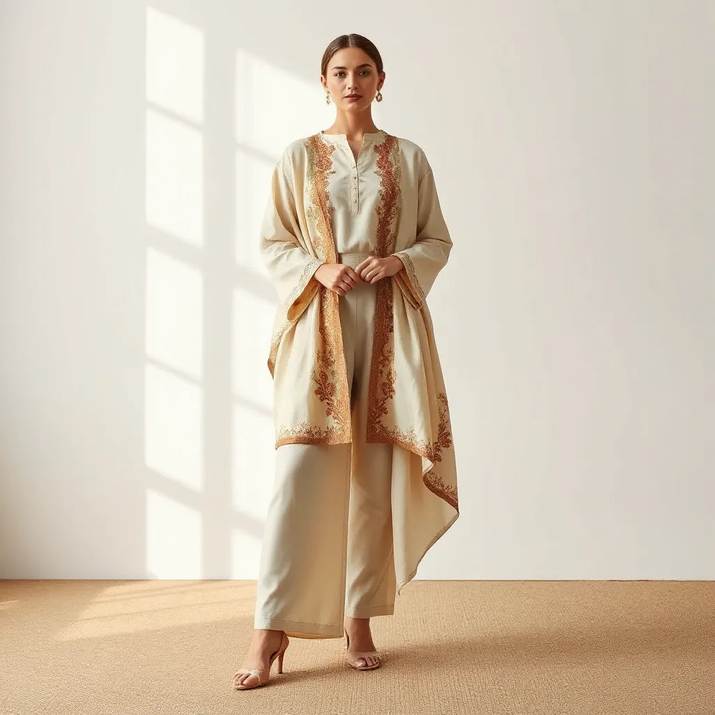 Model wearing refined heritage occasion wear with subtle embroidery and elegant accessories in soft natural light