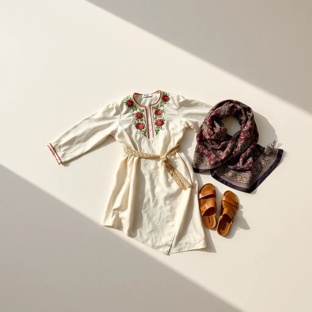 Embroidered Palestinian cultural outfit with a patterned headscarf and modest accessories on a neutral background