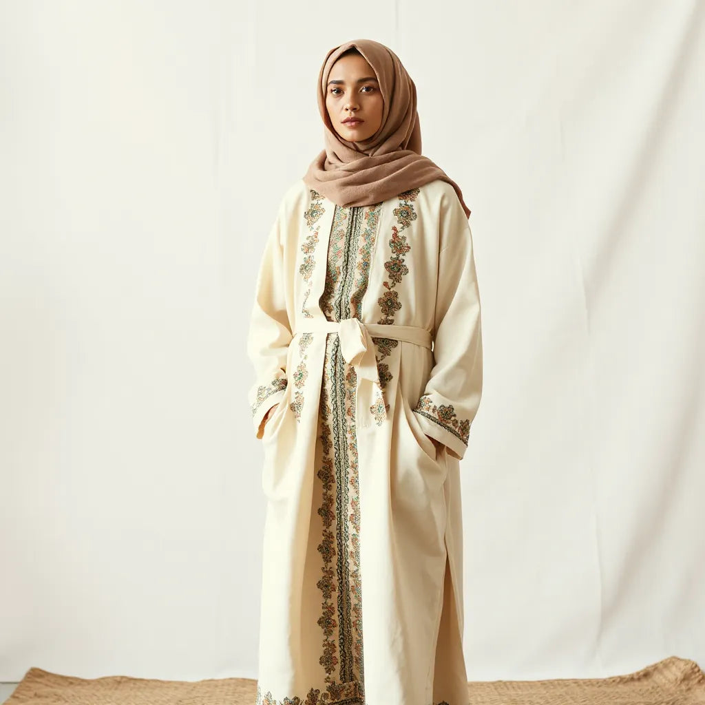 Embroidered Palestinian thobe outfit with traditional patterns worn in soft natural light
