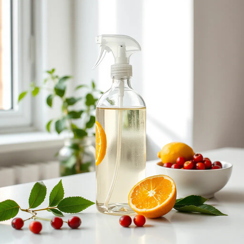 Glass fruity air freshener spray bottle on a clean countertop with citrus and berries nearby