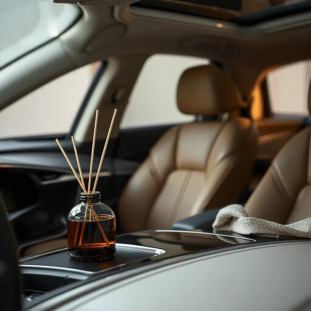 Luxury car dashboard with a subtle fragrance diffuser and softly lit interior