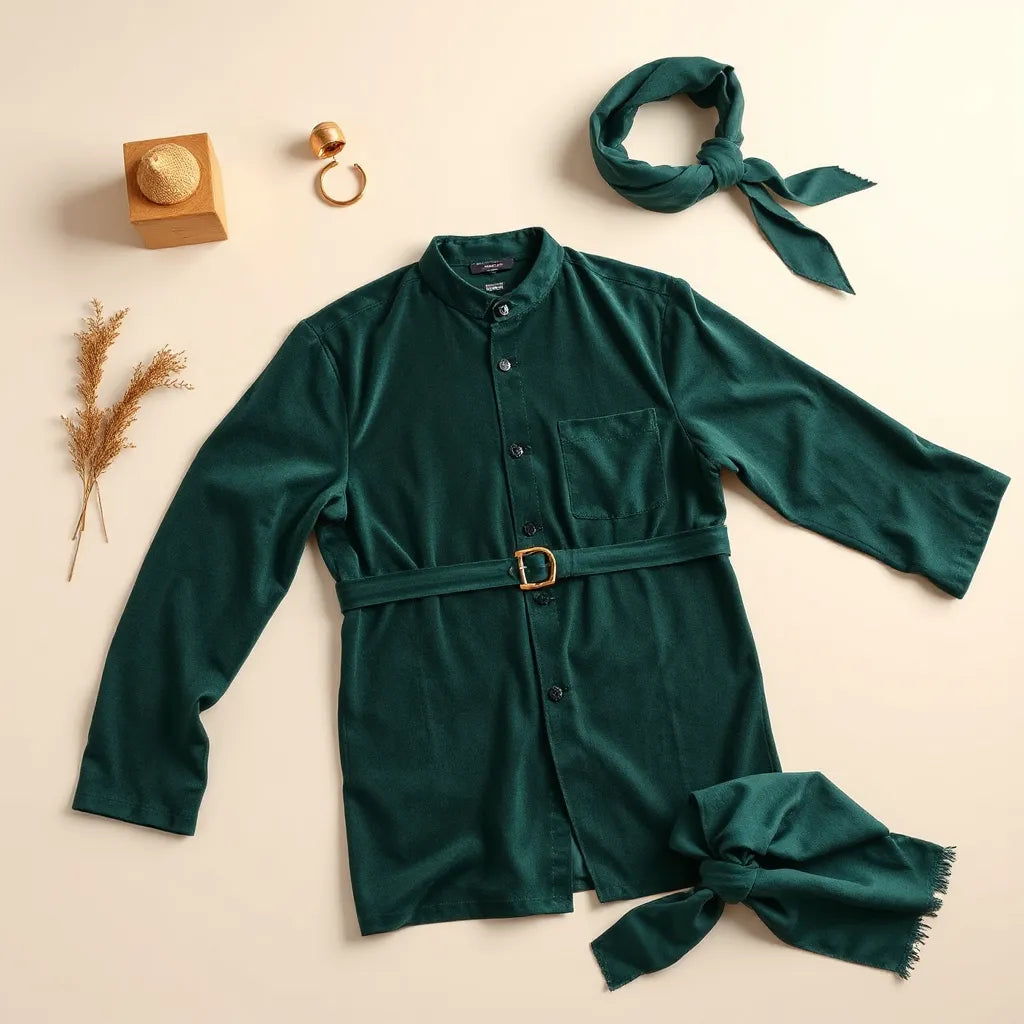 Deep petrol velvet heritage thobe with rich texture and simple modest styling accessories on a neutral background