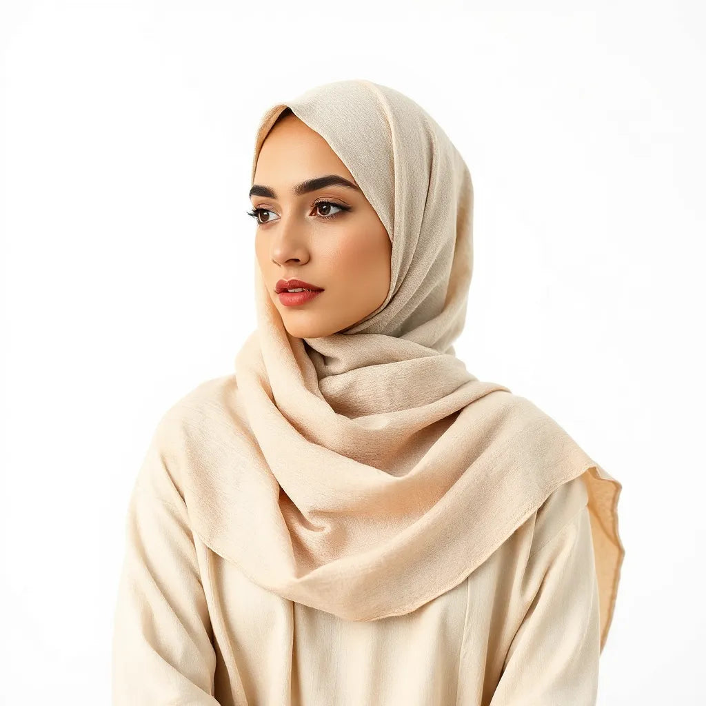 Modest model wearing a neatly draped neutral heritage-style hijab with subtle woven texture