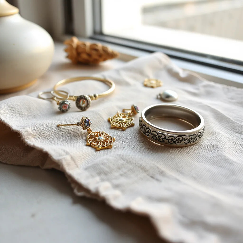 Handcrafted gold- and silver-tone Palestinian jewelry set with earrings, bracelet, and ring on linen