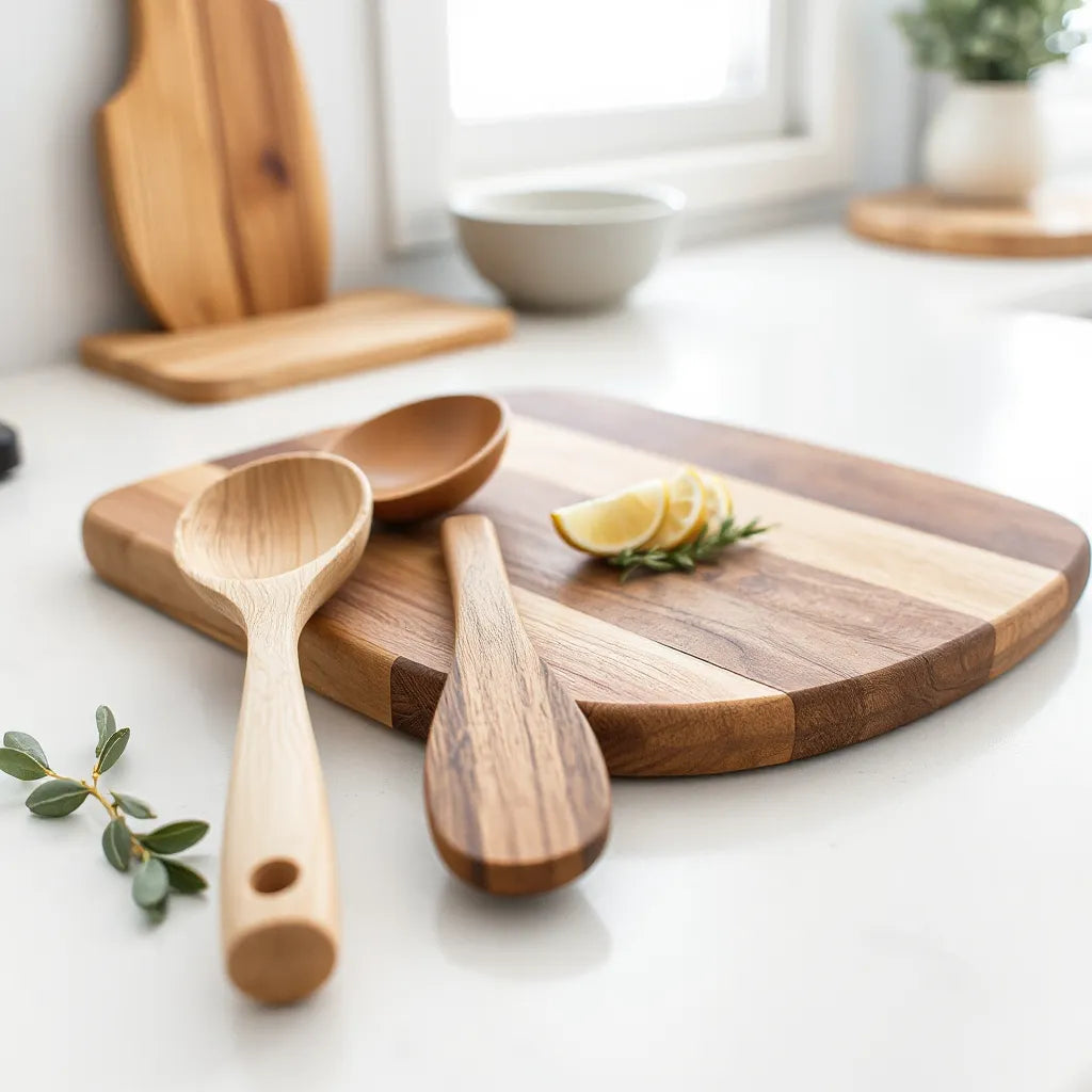 Olive wood serving spoon, spatula, and cutting board with visible grain on a kitchen counter