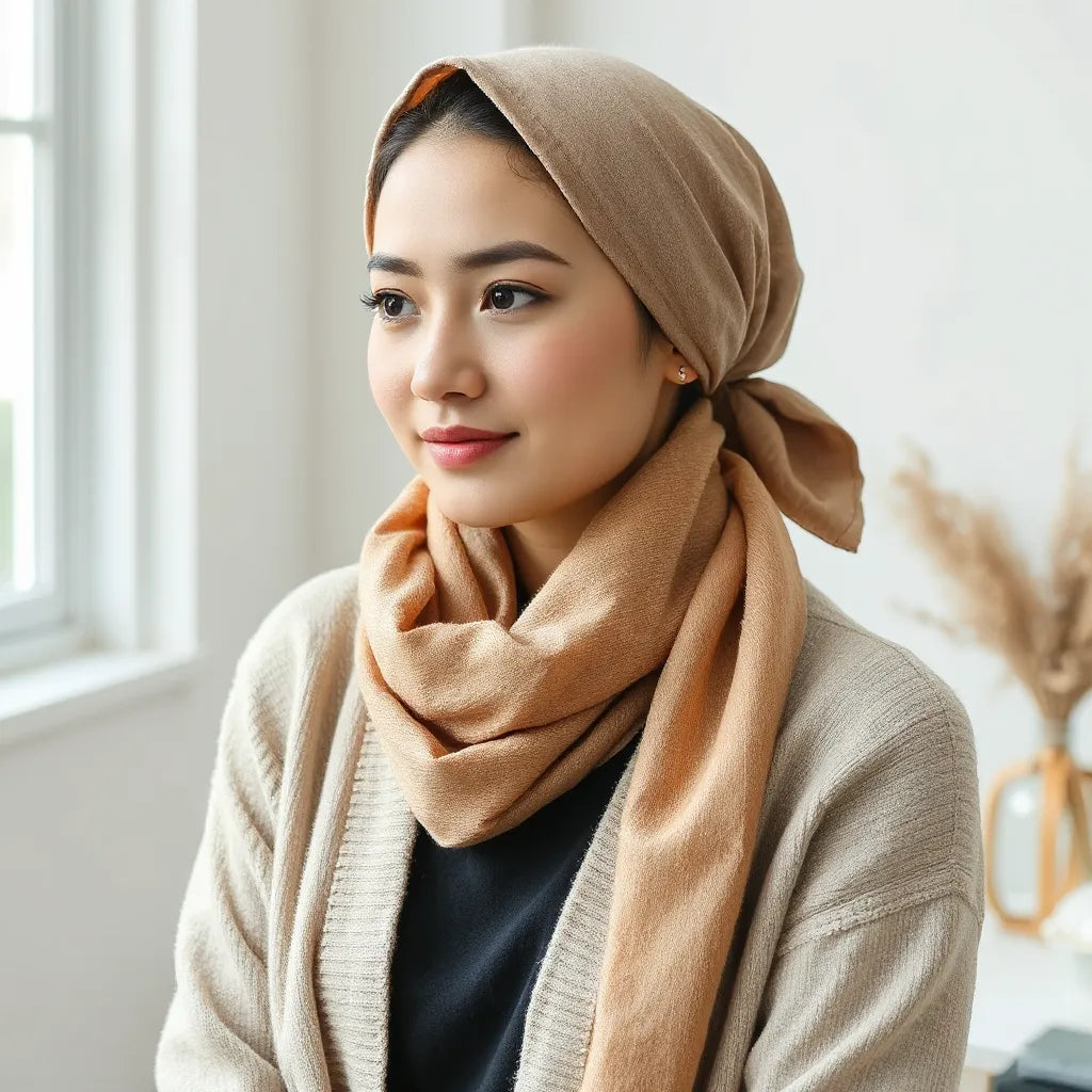 Woman wearing a neatly wrapped versatile headscarf in soft neutral tones with natural light