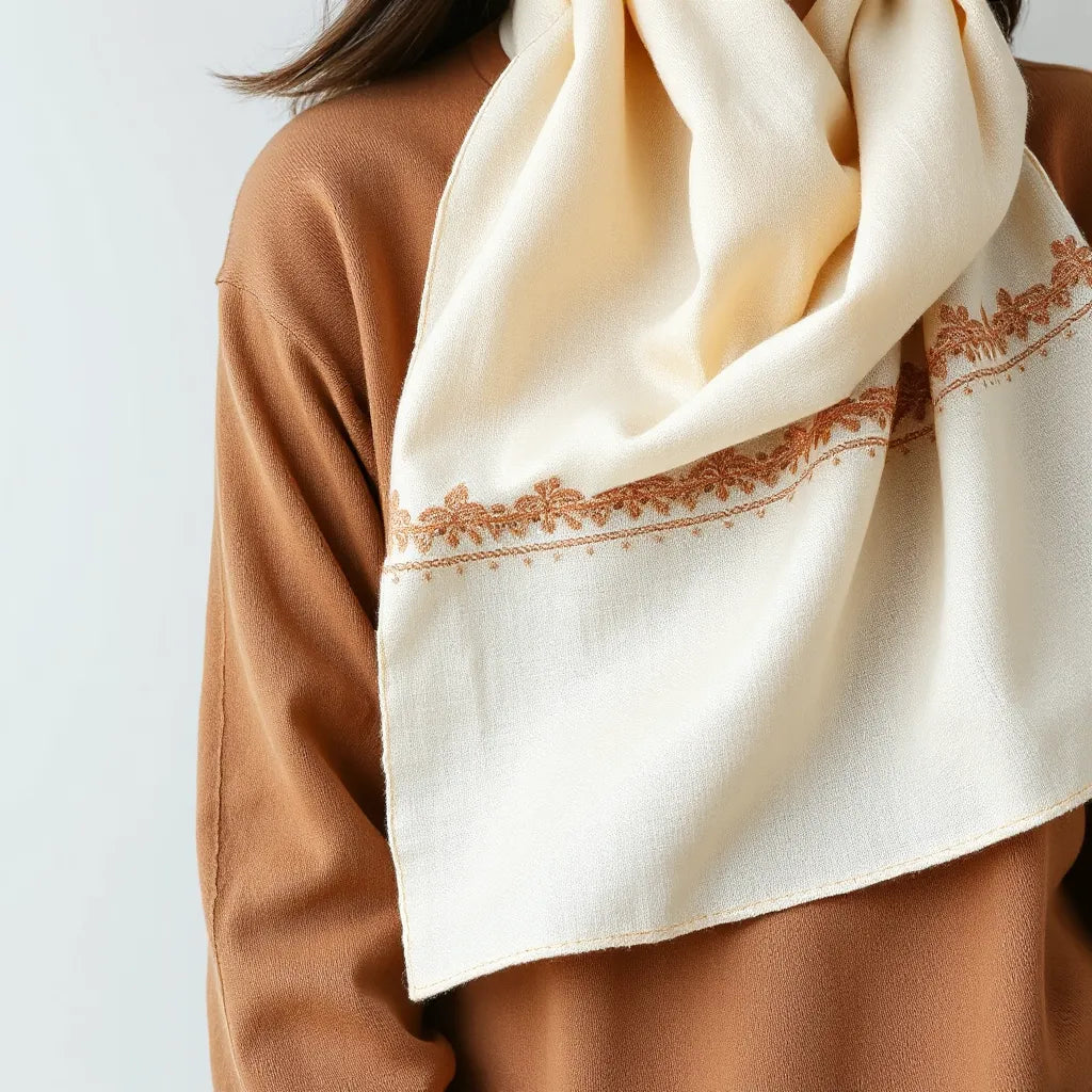 Delicately embroidered scarf draped over a simple outfit with visible stitched border detailing