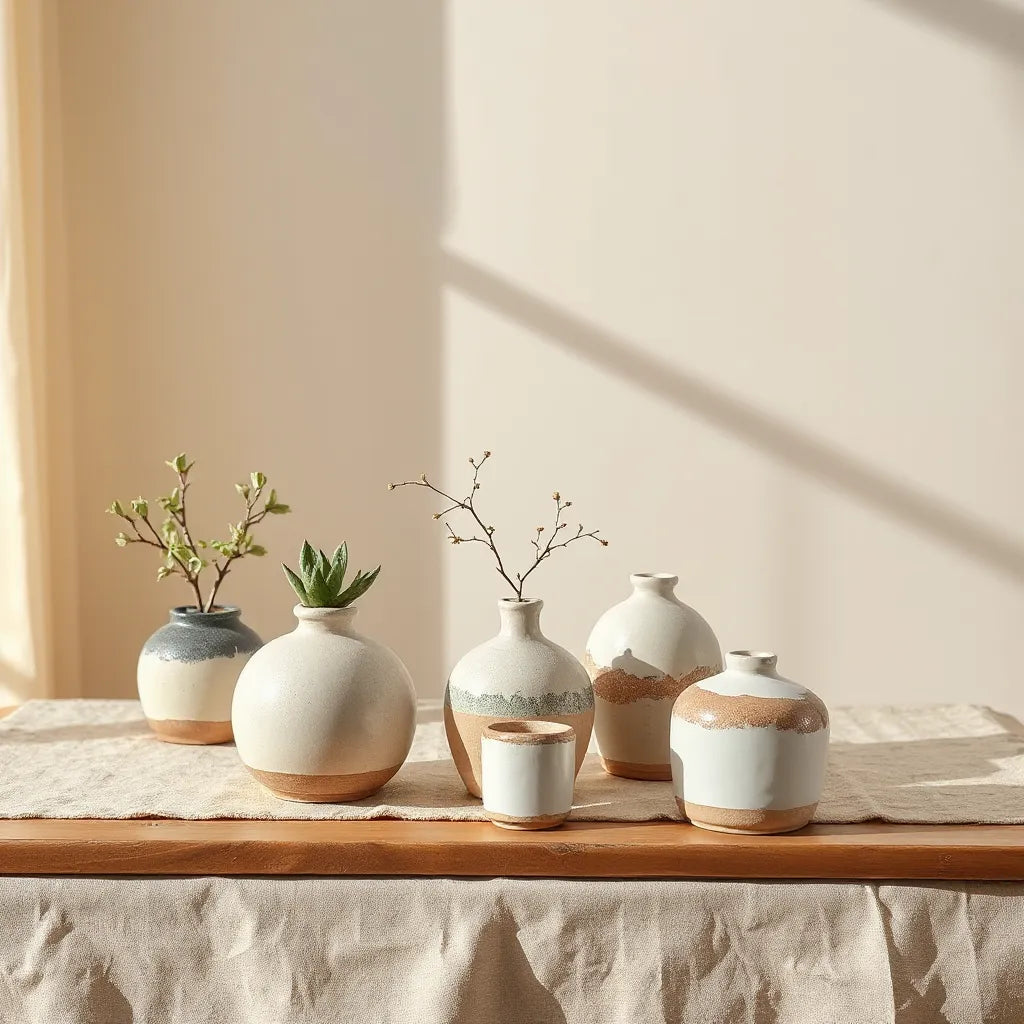Hand-finished decorative pottery vases and planters with unique glazes and subtle patterns on a sunlit table
