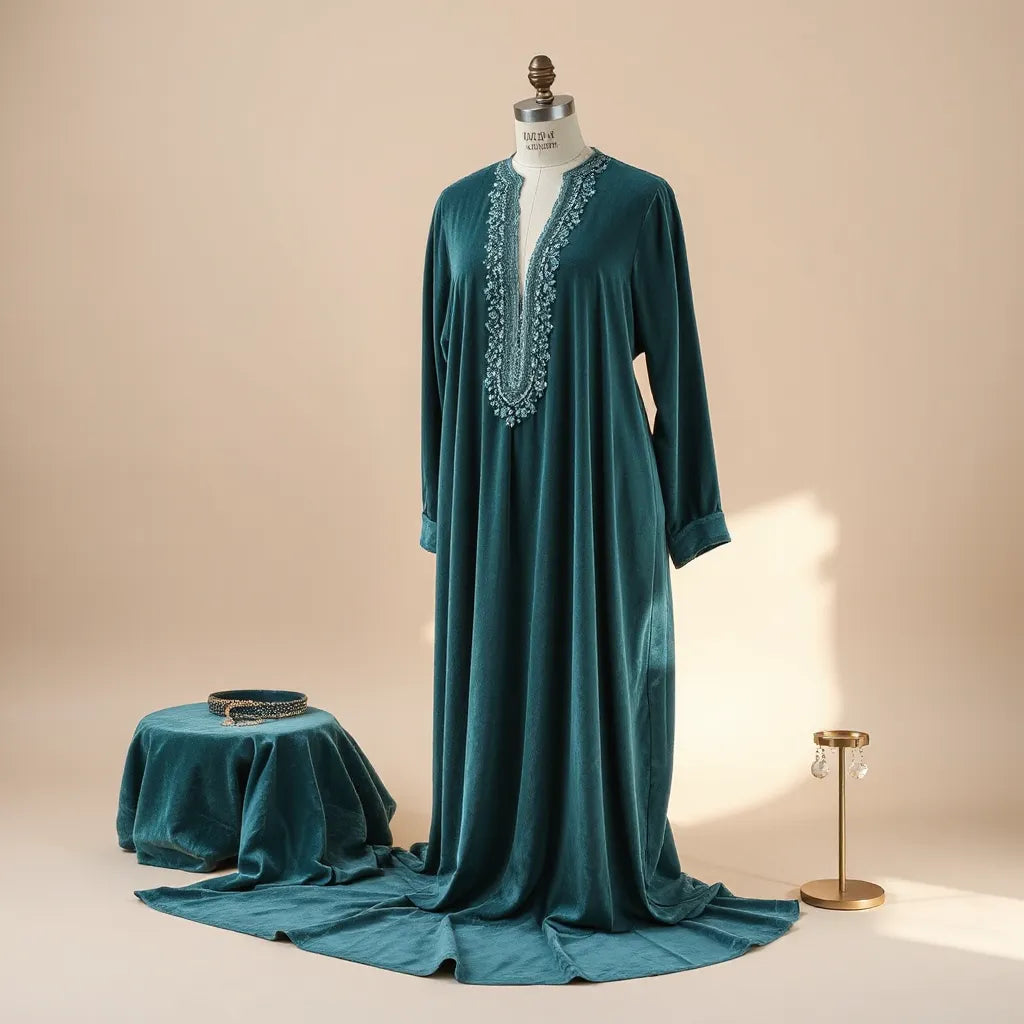 Fayrouz beaded velvet thobe on a mannequin with visible neckline embellishment and rich velvet texture