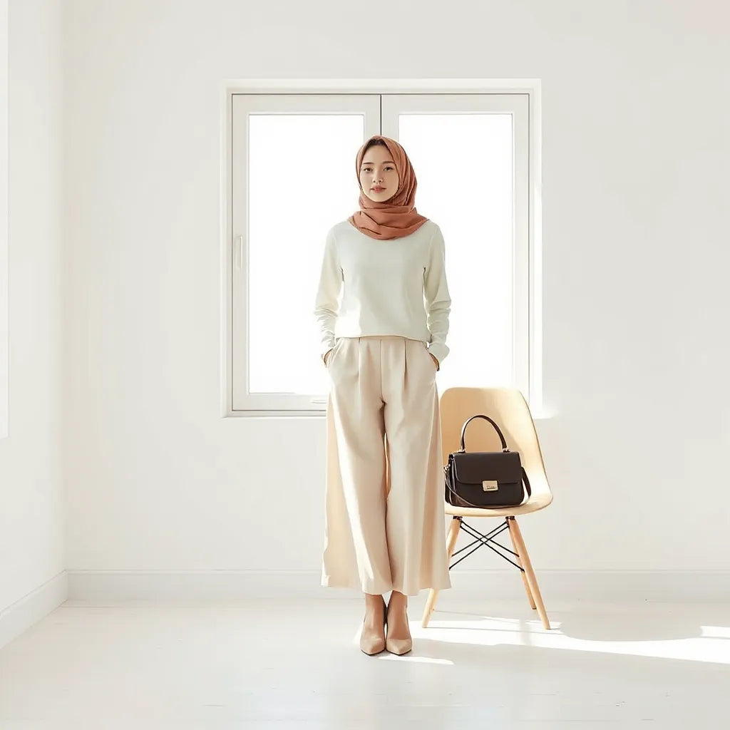 Woman in a neutral modern modest outfit with a flowing hijab and tailored layers in natural light