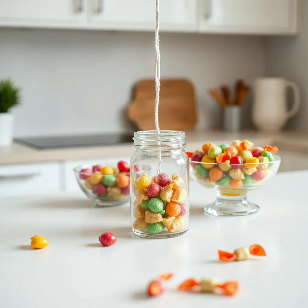 Candy air freshener on a kitchen counter with wrapped candies nearby
