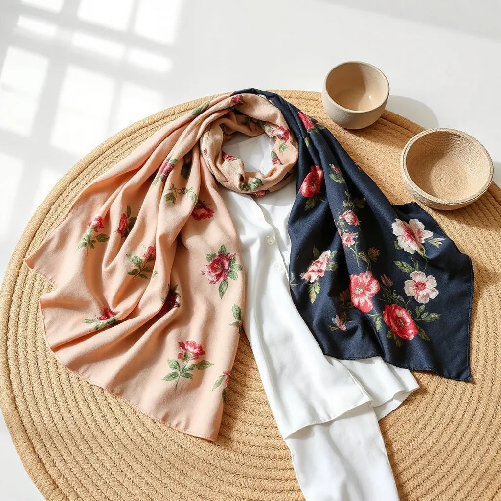 Floral print scarves draped over neutral fabric with a simple blouse in soft daylight