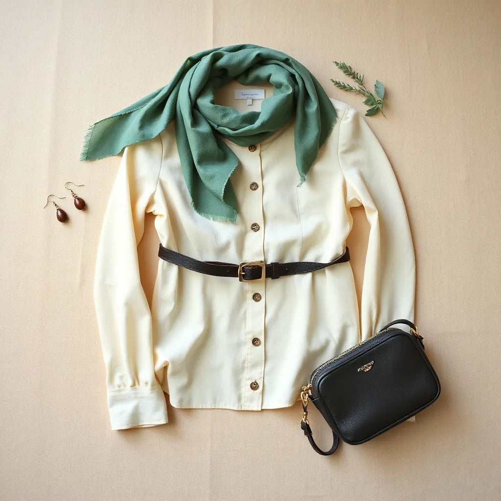 Neutral flat-lay of modest accessories including scarf, belt, earrings, and a small crossbody bag