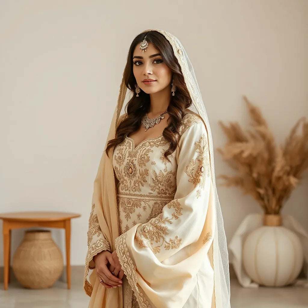 Bride wearing an embroidered luxury thobe with a flowing drape and warm, soft lighting in a minimal studio