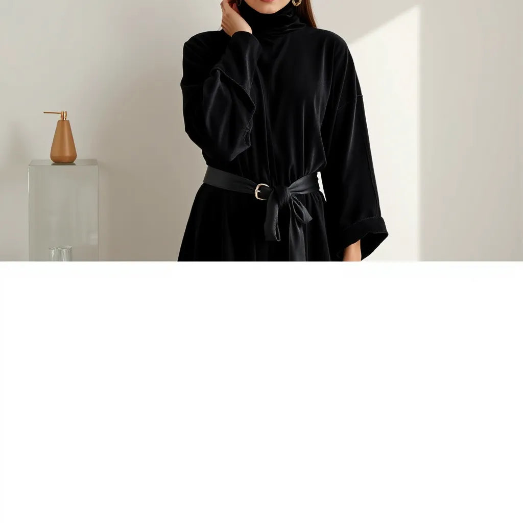 Woman wearing a dark velvet thobe with subtle qasab-style trim in soft, neutral lighting