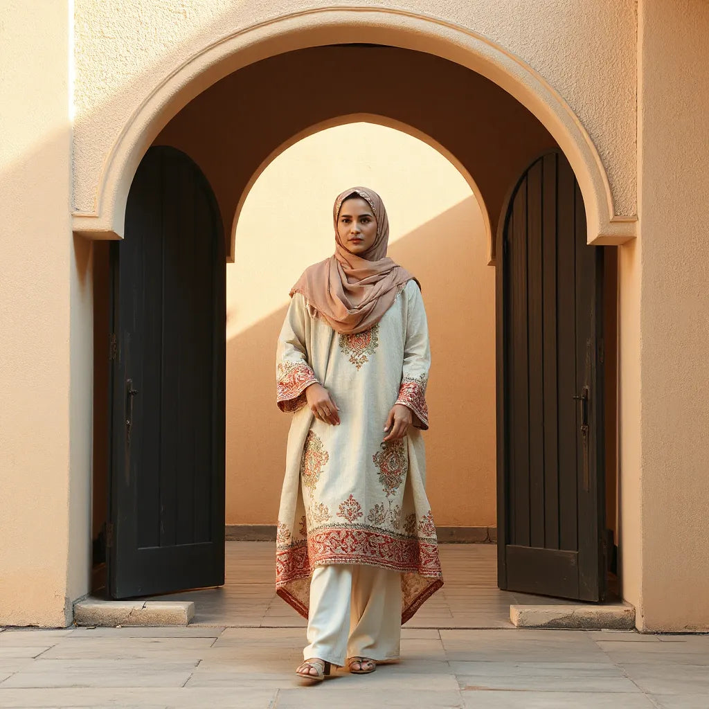 Modest heritage-inspired outfit with subtle embroidery and coordinated headscarf in warm light