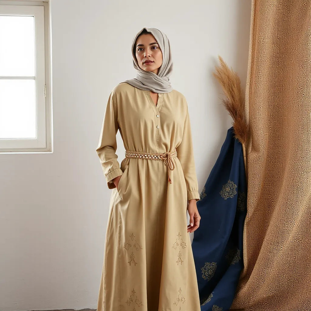 Model wearing a modest Palestinian-inspired dress with embroidered details and a neutral headscarf