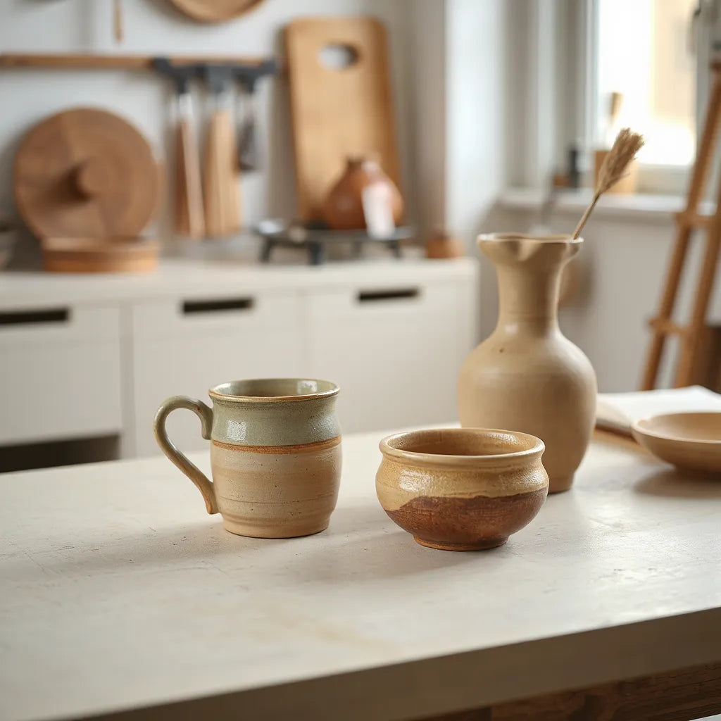 Hand-thrown ceramic mug, bowl, and small vase with earthy glazes in soft natural light