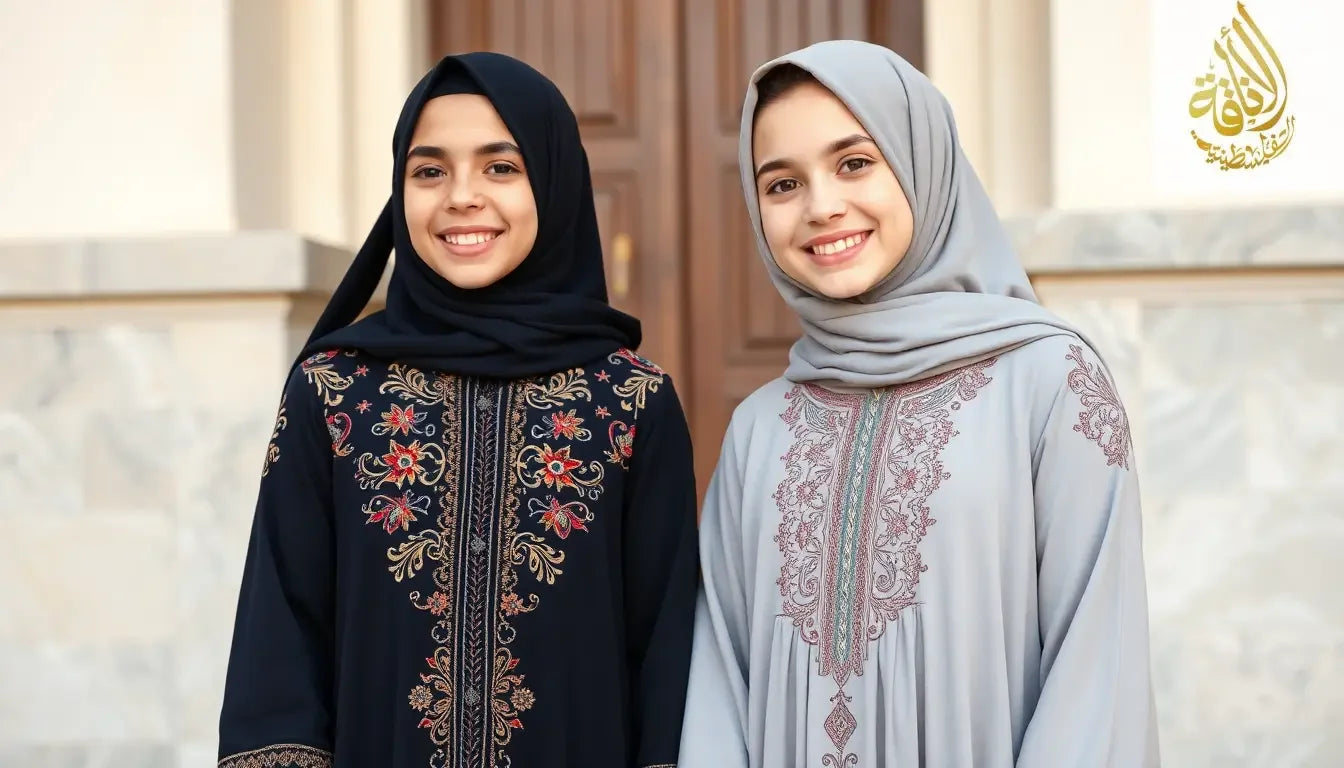 2 young girl wearing a different full abaya dress with palestinian embroidery and they are smilling and upclose the full abaya dress and shows the abaya dress should show from head to leg