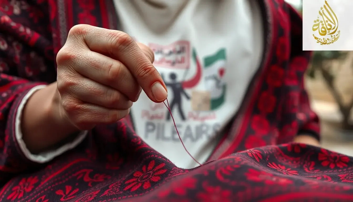 Hand stitching traditional red Palestinian embroidered fabric highlighting Palestinian Clothing History and Heritage
