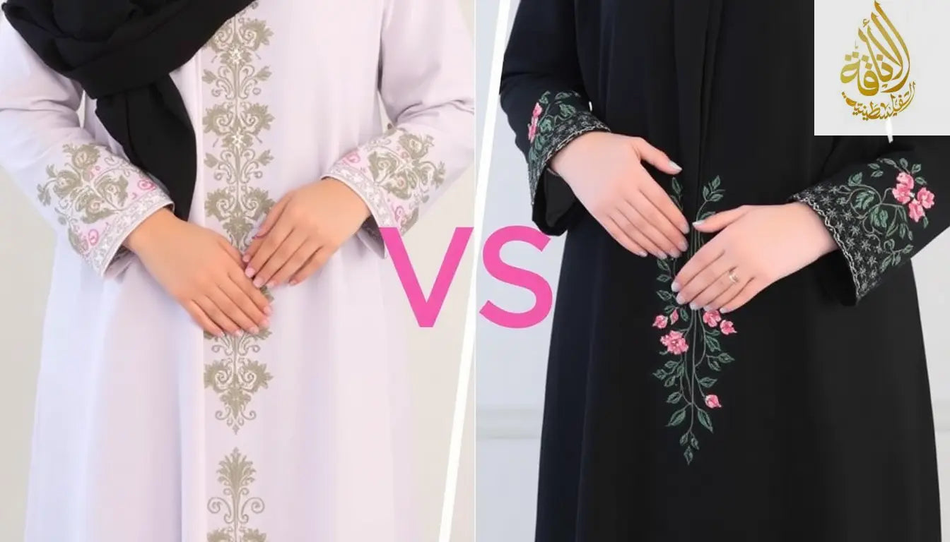 Handmade vs. Machine Embroidered Abayas showing a light abaya with gold trim and a black abaya with pink floral cuff embroidery