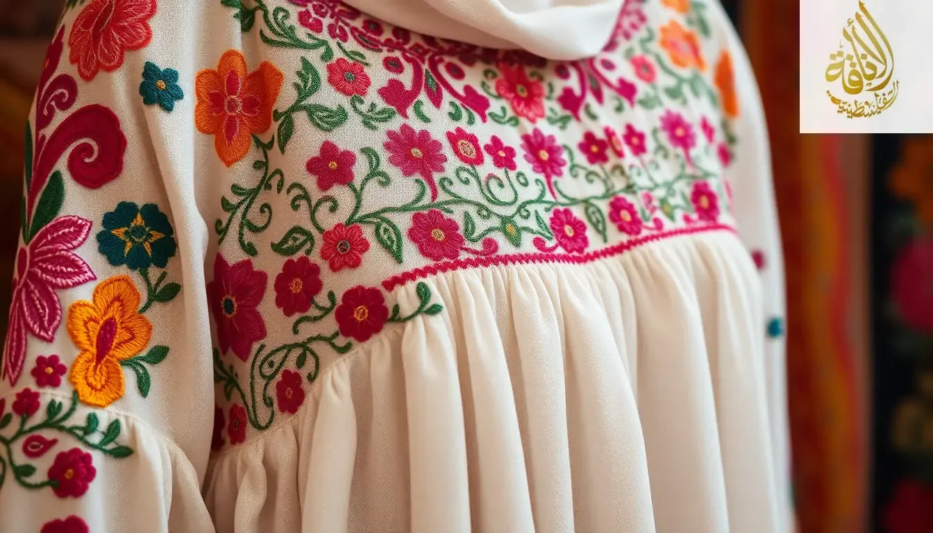 Close up of cream Palestinian thobe with bright floral embroidery showcasing Palestinian Thobe History and Cultural Significance