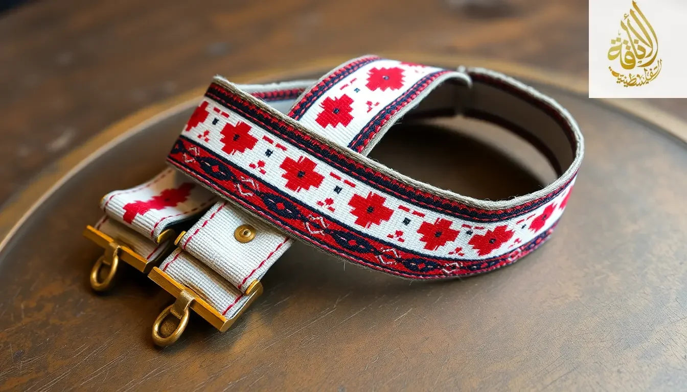 Palestinian tatreez embroidery strap with red and black geometric patterns. The strap is made of fabric with brass metal clips, placed artistically on a rustic wooden or brass table.