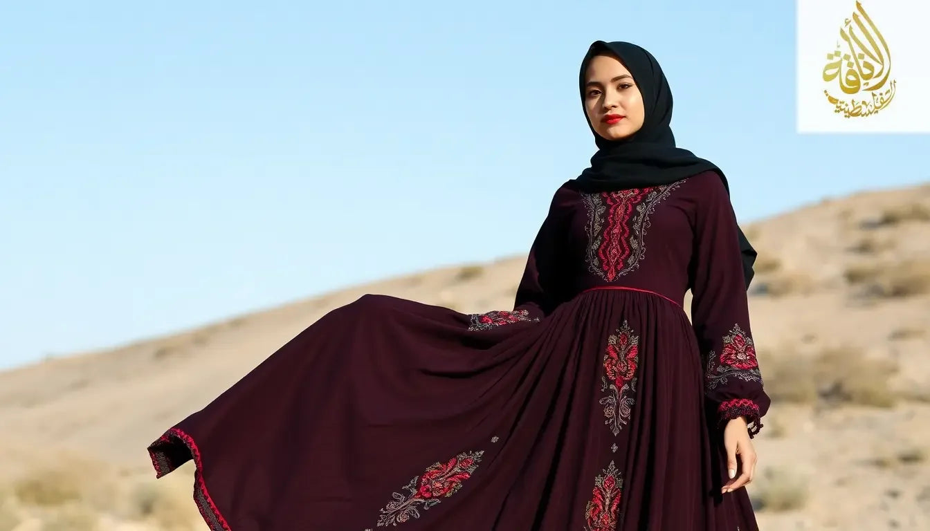 a long sleeve palestinian embroidered trendy fashion dress on a 2 hijabi girl with full dress