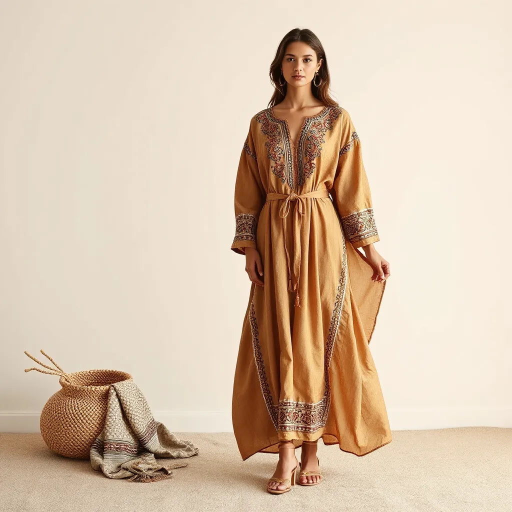 Model wearing an embroidered heritage kaftan in a softly lit neutral room