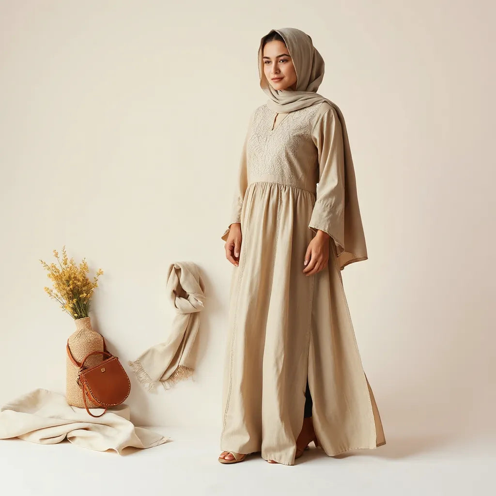 Modest embroidered dress with a folded kuffiyeh and accessories arranged against a neutral background
