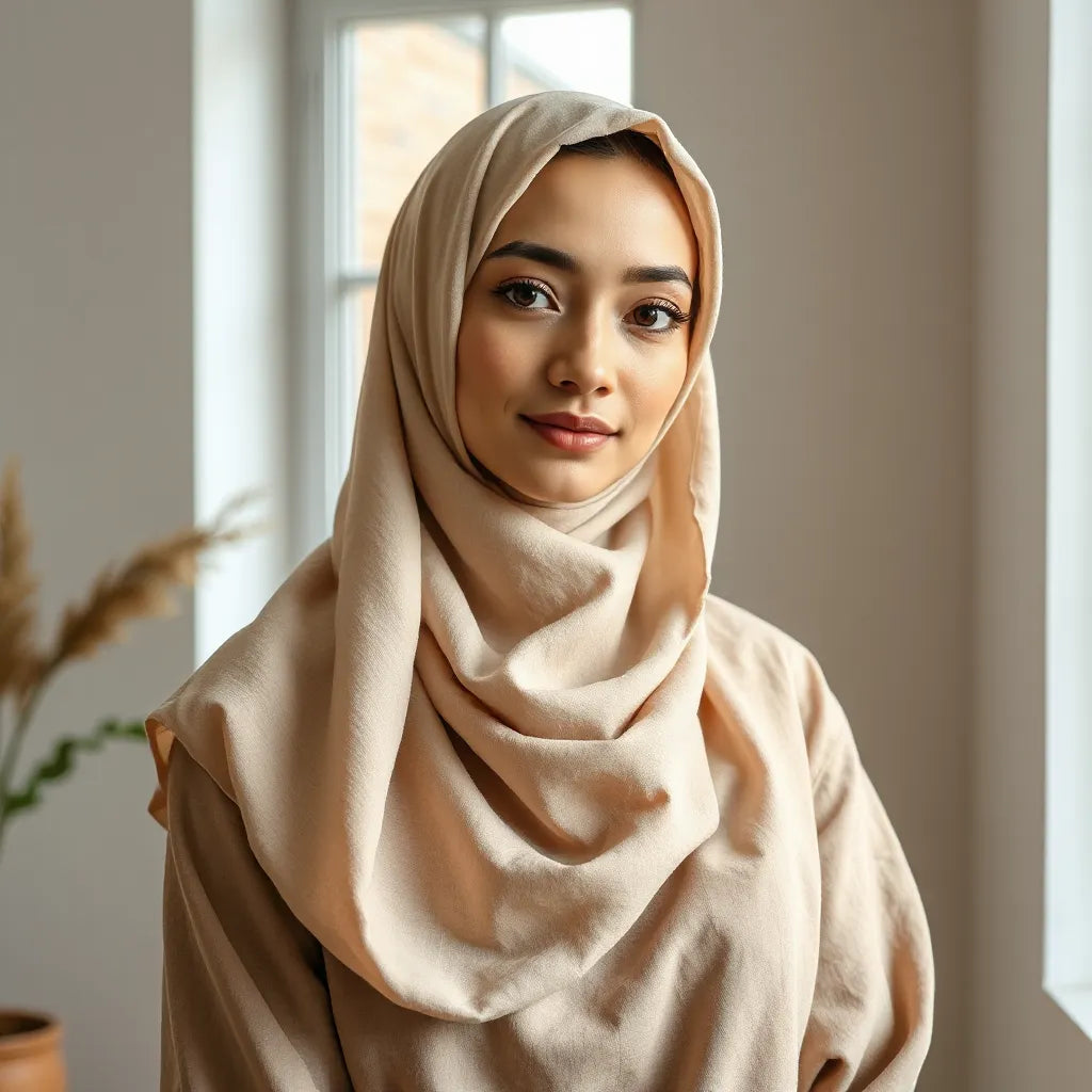 Lightweight hijab draped neatly with breathable fabric texture in natural window light