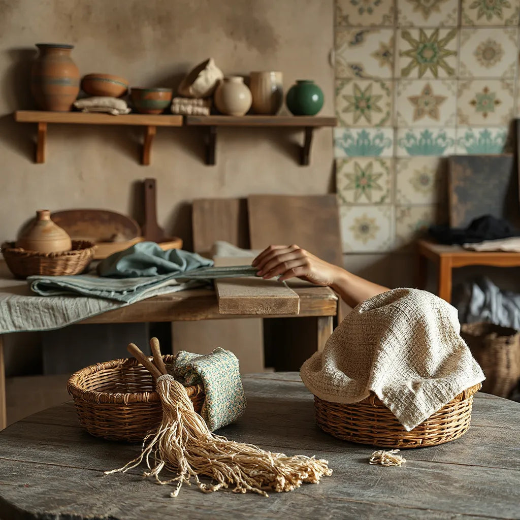 Artisanโs hands working traditional embroidery beside tools and folded textiles in a workshop