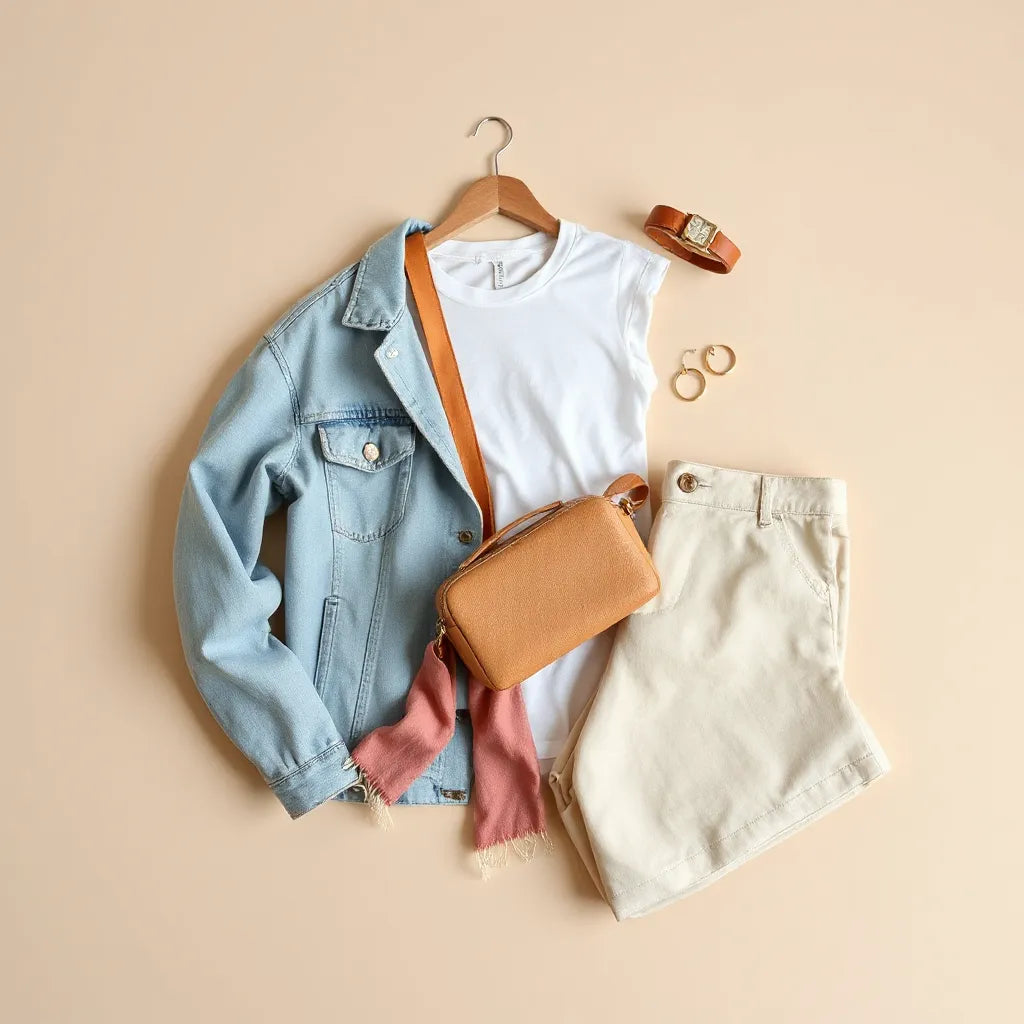 Neutral casual outfit styled with a scarf, small crossbody bag, watch, and minimalist jewelry