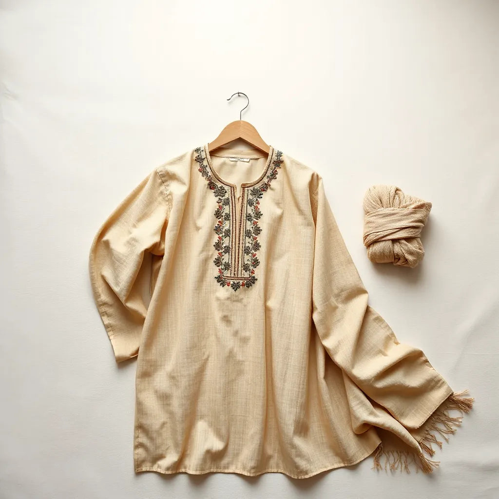 Hand-embroidered thobe with detailed neckline and front embroidery on a light neutral background