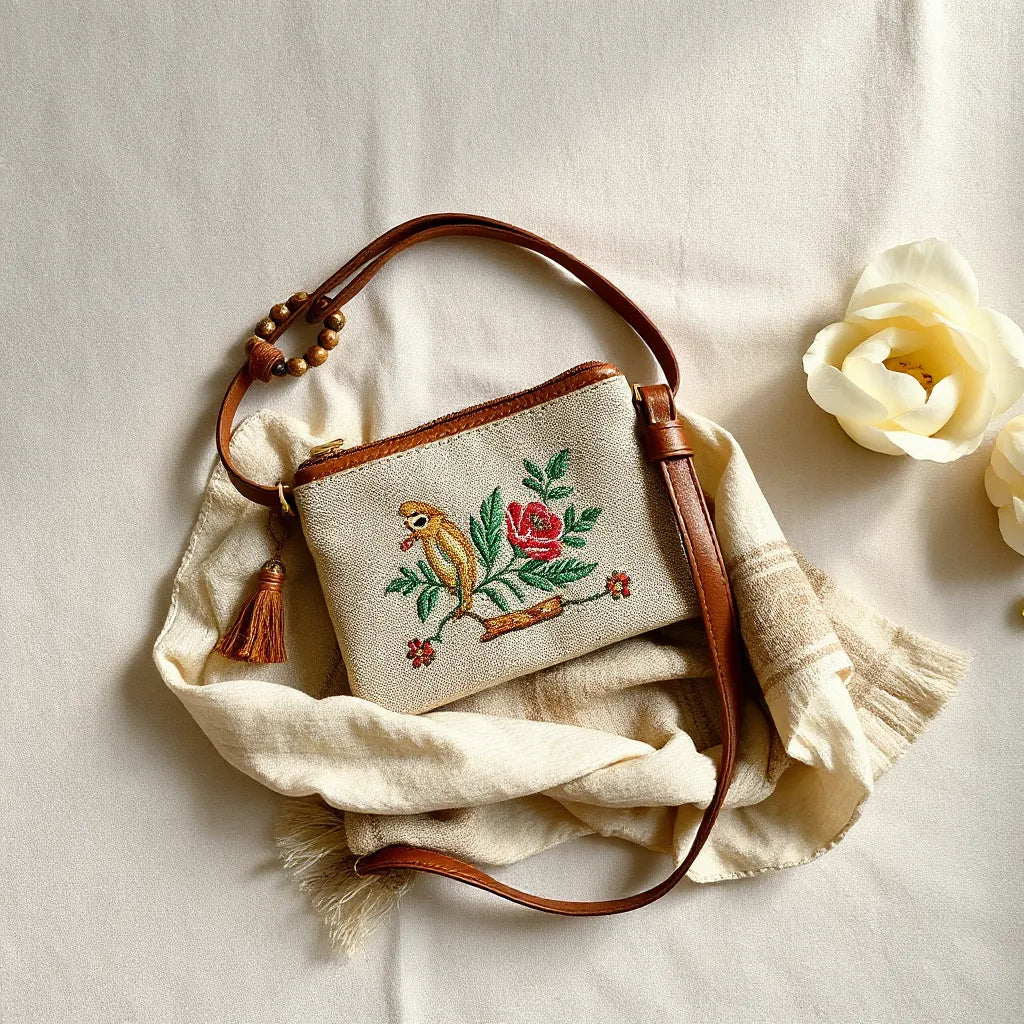 Handcrafted bracelet, pouch, leather strap, and textured scarf laid on neutral linen