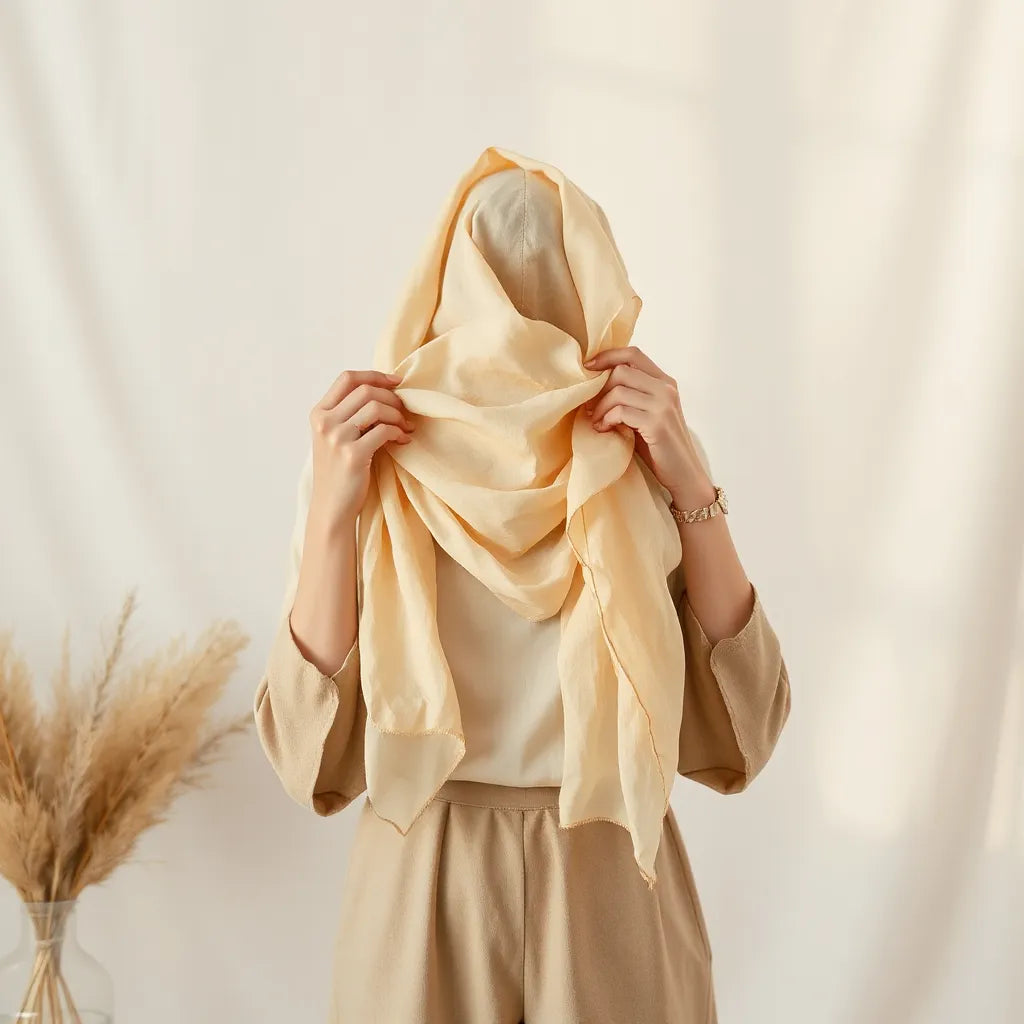 Airy chiffon scarf draped over a neutral outfit with soft, breathable folds in warm daylight